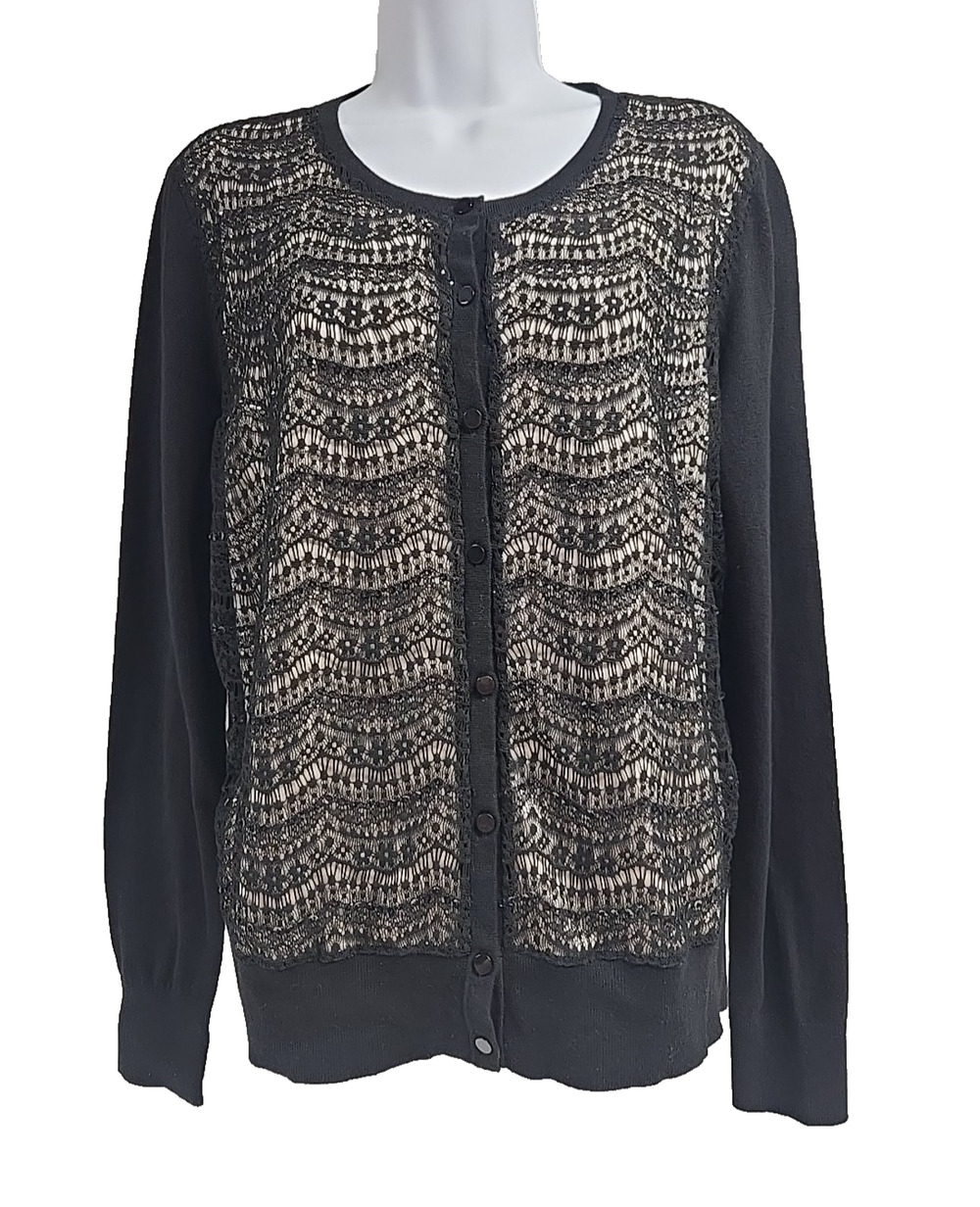 Ann Taylor Womens Sequin Lace Overlay Button Cardigan Black Long Sleeve Size L